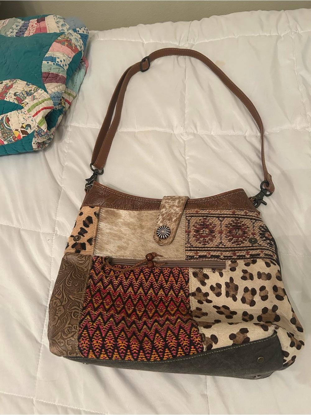 Myra Bag Brown Multi-Pattern Patchwork Shoulder Bag